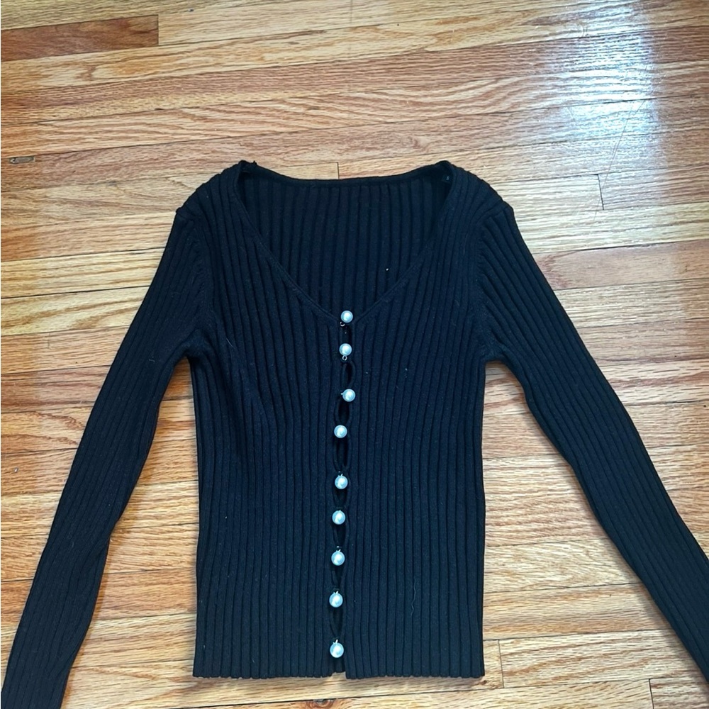 Black Ribbed Cardigan with Pearl Buttons